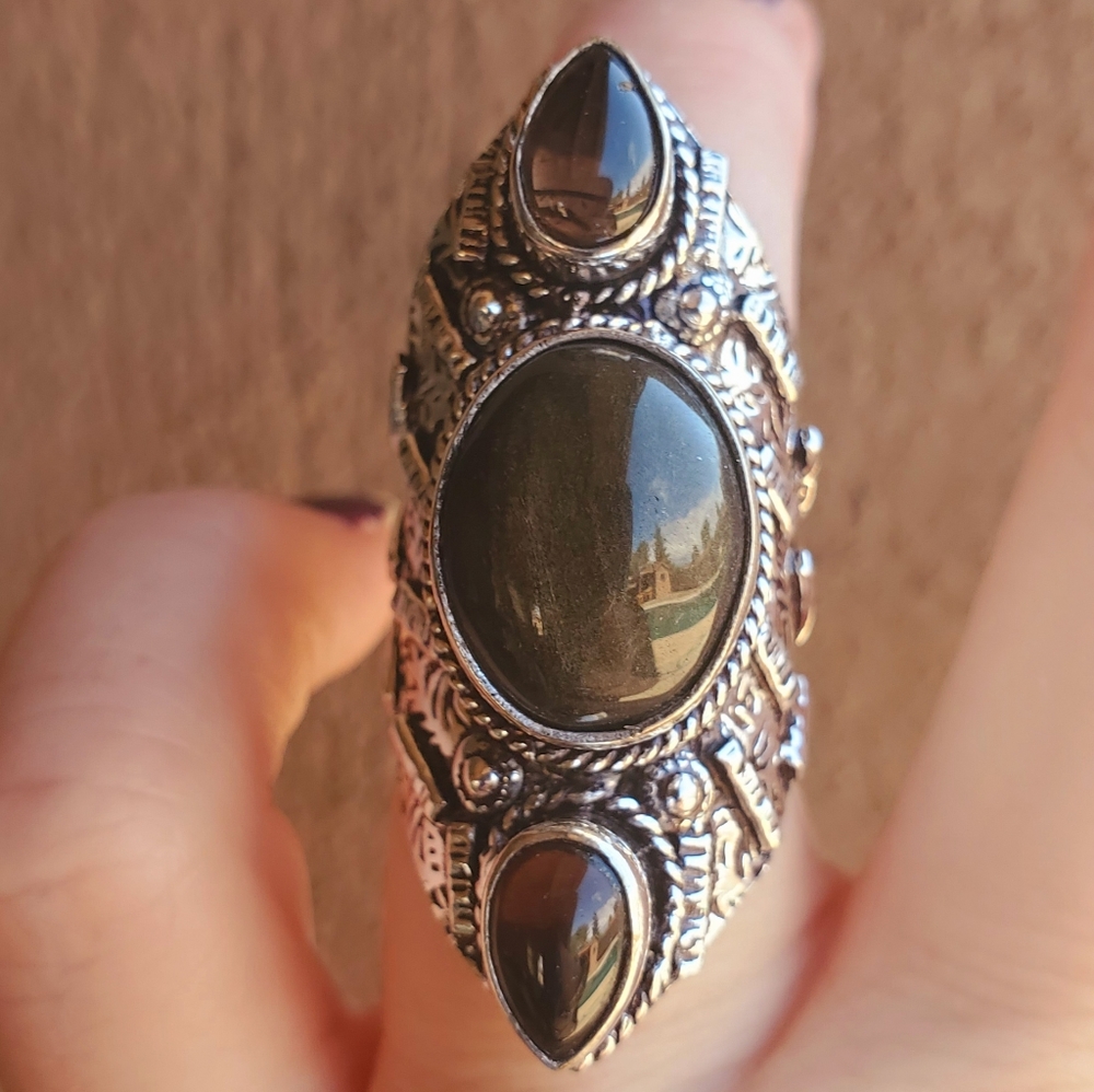 New Huge Obsidian 925 Silver Statement Ring.